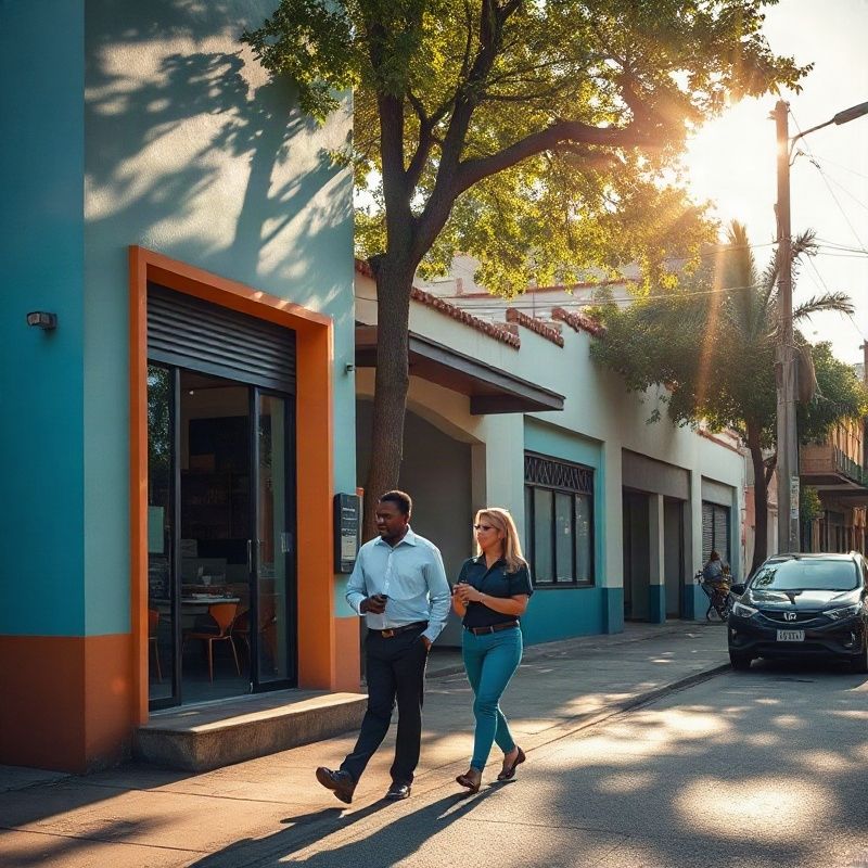 Vizinhança em Belo Horizonte com dois profissionais da Alphanspark conversando em frente a um comércio local