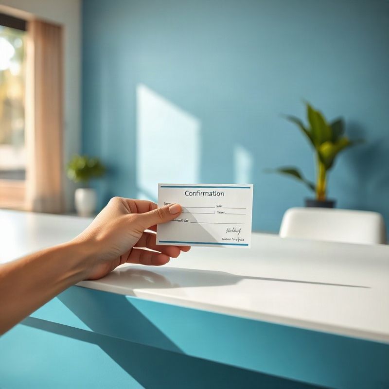 Cartão de confirmação sendo colocado sobre uma mesa iluminada com detalhes em azul