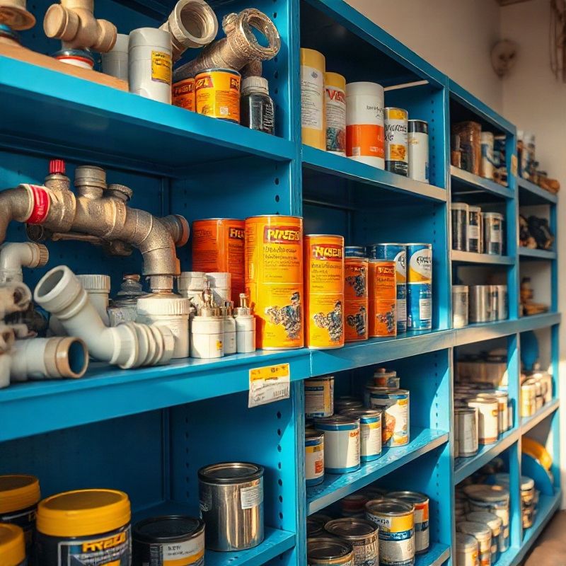Produtos de manutenção organizados em prateleiras com detalhes em azul