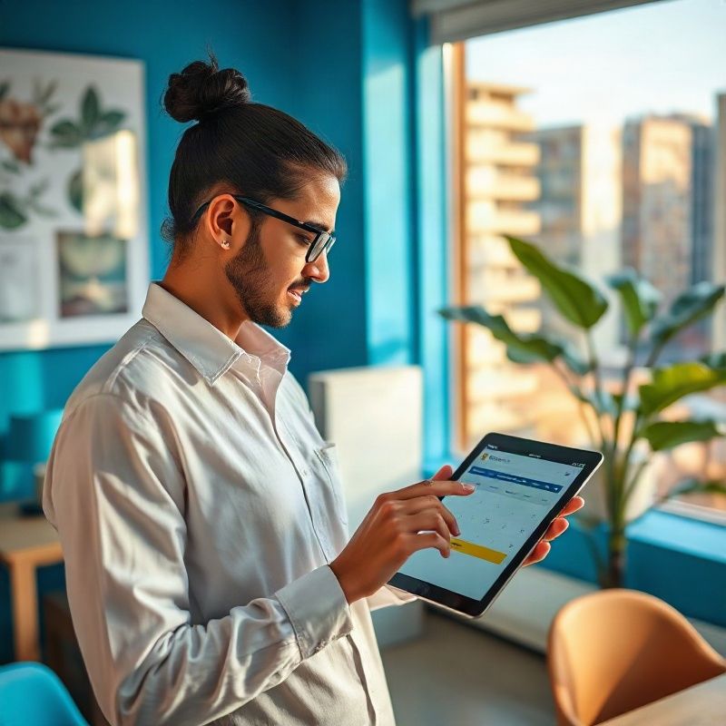 Profissional da Alphanspark registrando um agendamento em tablet em escritório iluminado em Belo Horizonte